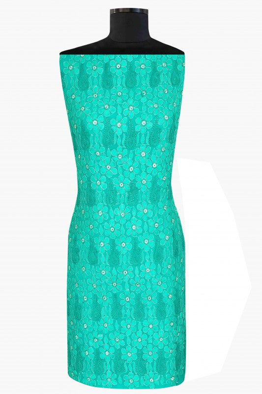 Ada Hand Embroidered Teal Green Georgette Chikan Unstitched Kurta Piece A611842