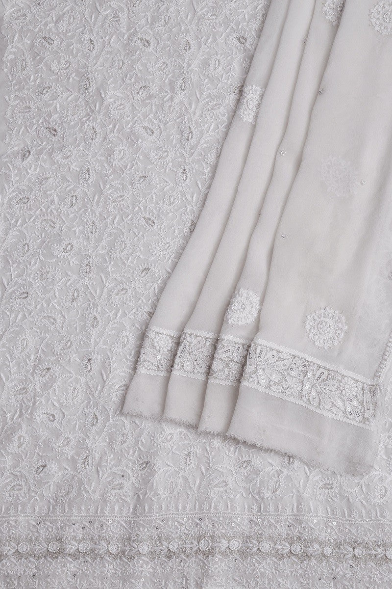 Ada Hand Embroidered White Pure Georgette Chikan Unstitched Kurta Dupatta Set With Pearl Work- A425092