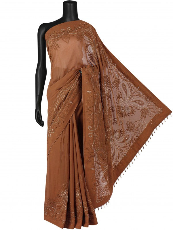 Ada Hand Embroidered Peanut Brown Georgette Lucknowi Chikan Saree/Blouse With Pearl Work A522862