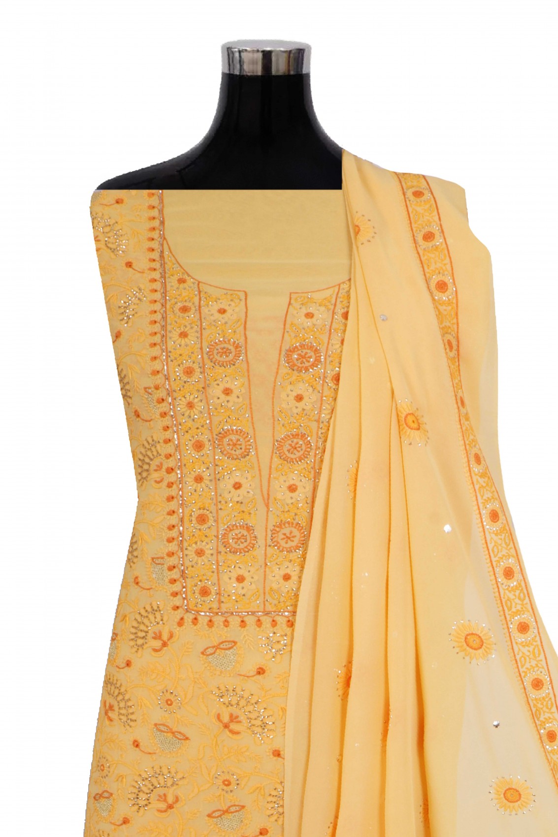 Ada Hand Embroidered Yellow Pure Georgette Lucknowi Chikankari Unstitched Suit Piece With Muqaish Work 01A157718