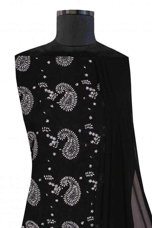 Ada Hand Embroidered Black Cotton Lucknowi Chikan Unstitched Suit Piece A211124