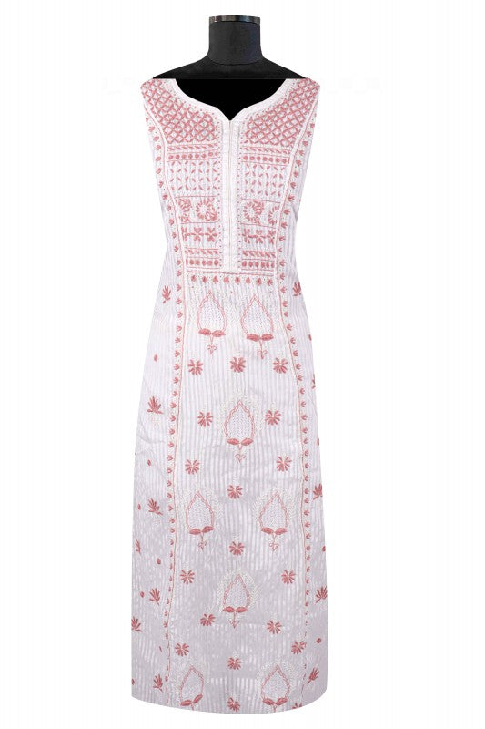 Ada Hand Embroidered White Chanderi Lucknowi Chikankari Unstitched Anarkali Kurta Dupatta Set 01A138196