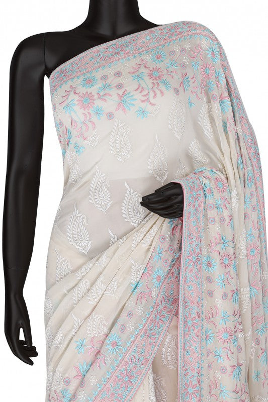 Ada Hand Embroidered White Pure Georgette Lucknowi Chikankari Saree with Blouse A51513