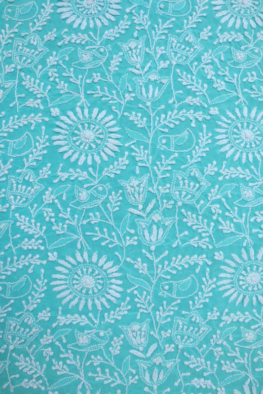 Ada Hand Embroidered Blue Pure Georgette Lucknowi Chikan Unstitched Kurta Dupatta Set A544138