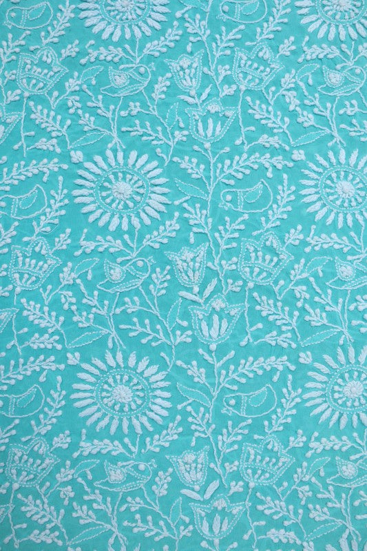 Ada Hand Embroidered Blue Pure Georgette Lucknowi Chikan Unstitched Kurta Dupatta Set A544138