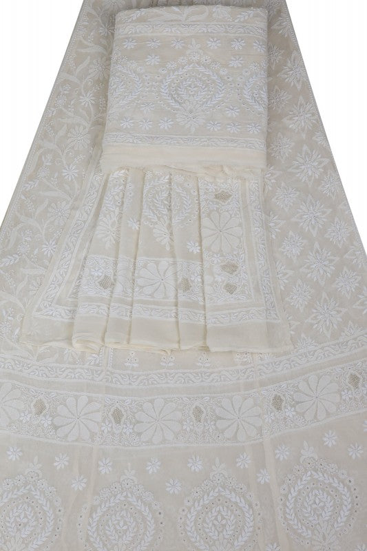 Ada Hand Embroidered White Pure Georgette Lucknowi Chikankari Lehenga Set A594297