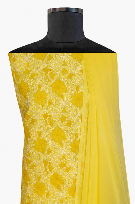 Ada Hand Embroidered Yellow Cotton Lucknowi Chikan Unstitched Suit Piece-A100302