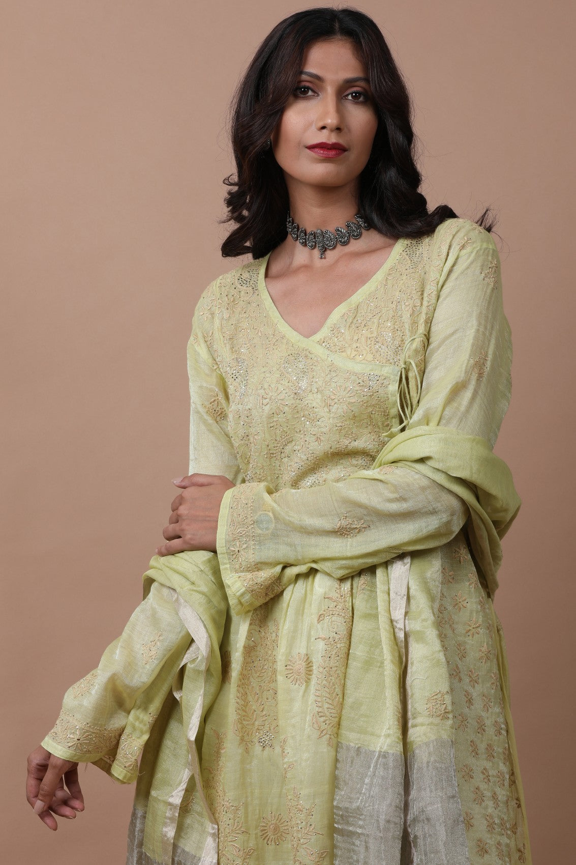 Ada Hand Embroidered Lime Green Tissue Lucknowi Chikankari Semi-stitched Kurta Dupatta Set With Muqaish Work 01A238364