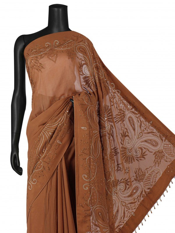 Ada Hand Embroidered Peanut Brown Georgette Lucknowi Chikan Saree/Blouse With Pearl Work A522862