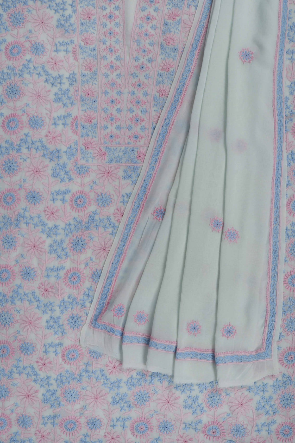 Ada Hand Embroidered Sage Green Pure Georgette Chikan Unstitched Kurta Dupatta Set A222168
