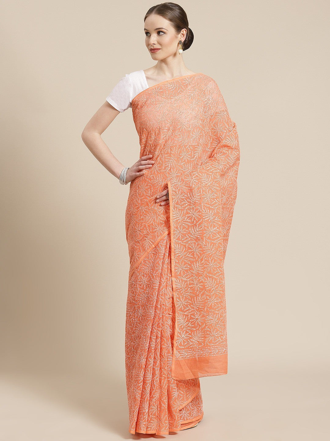 Ada Hand Embroidered Orange Kota Lucknow Chikan Saree With Blouse- A311229  4890.00