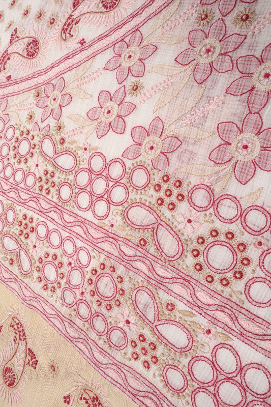 Ada Hand Embroidered Cream Chanderi Lucknowi Chikankari Saree With Blouse A70586