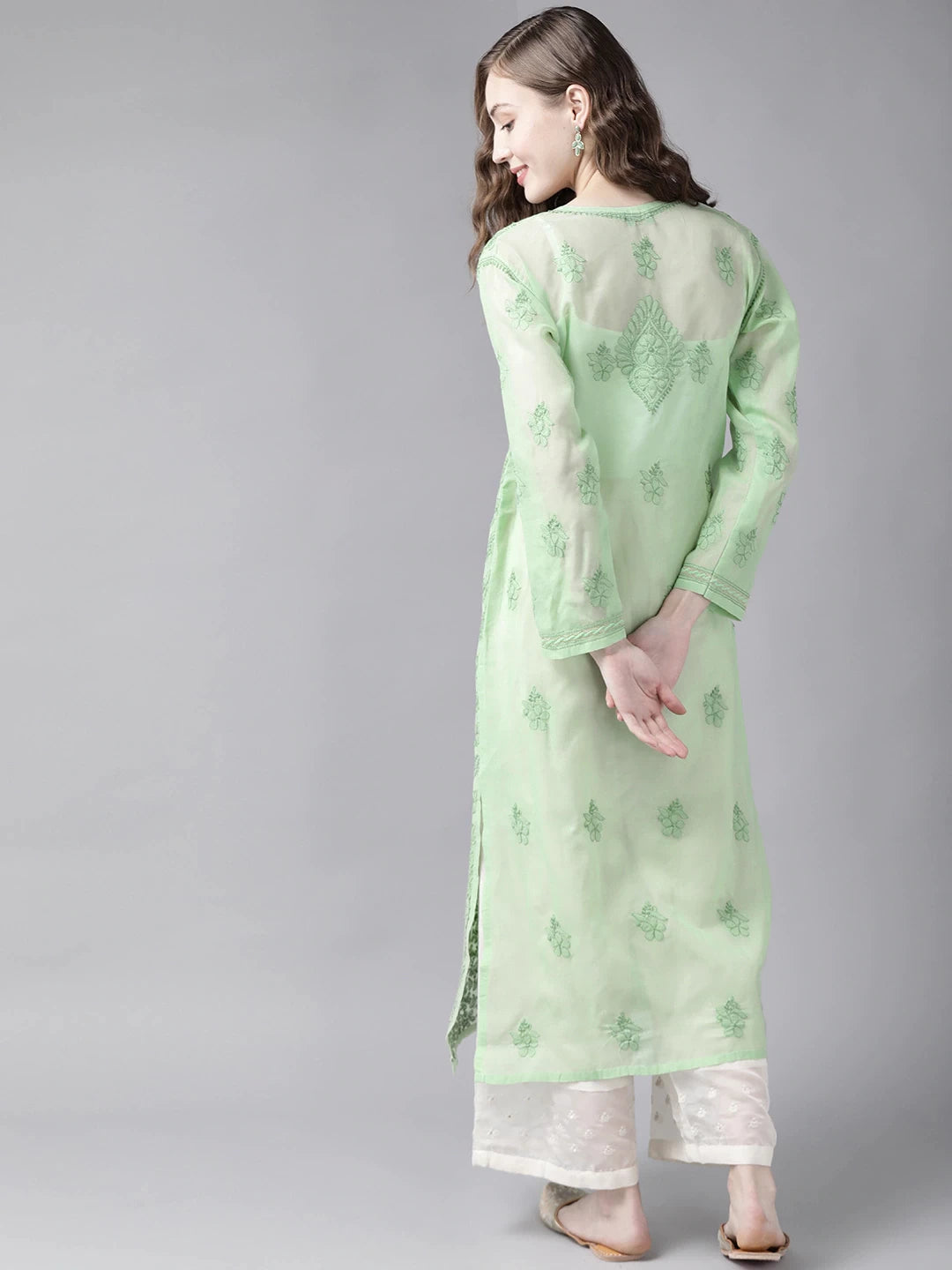 Ada Hand Embroidered Green Cotton Lucknow Chikan Kurta-A411254