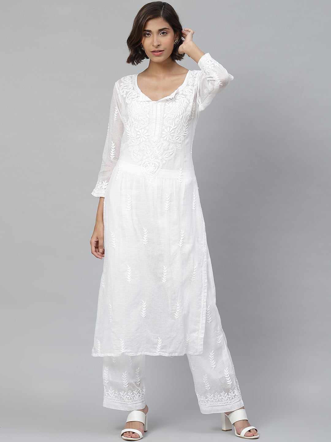 Ada Hand Embroidered White Kota Lucknowi Chikankari Straight Kurta Set With Slip A811111