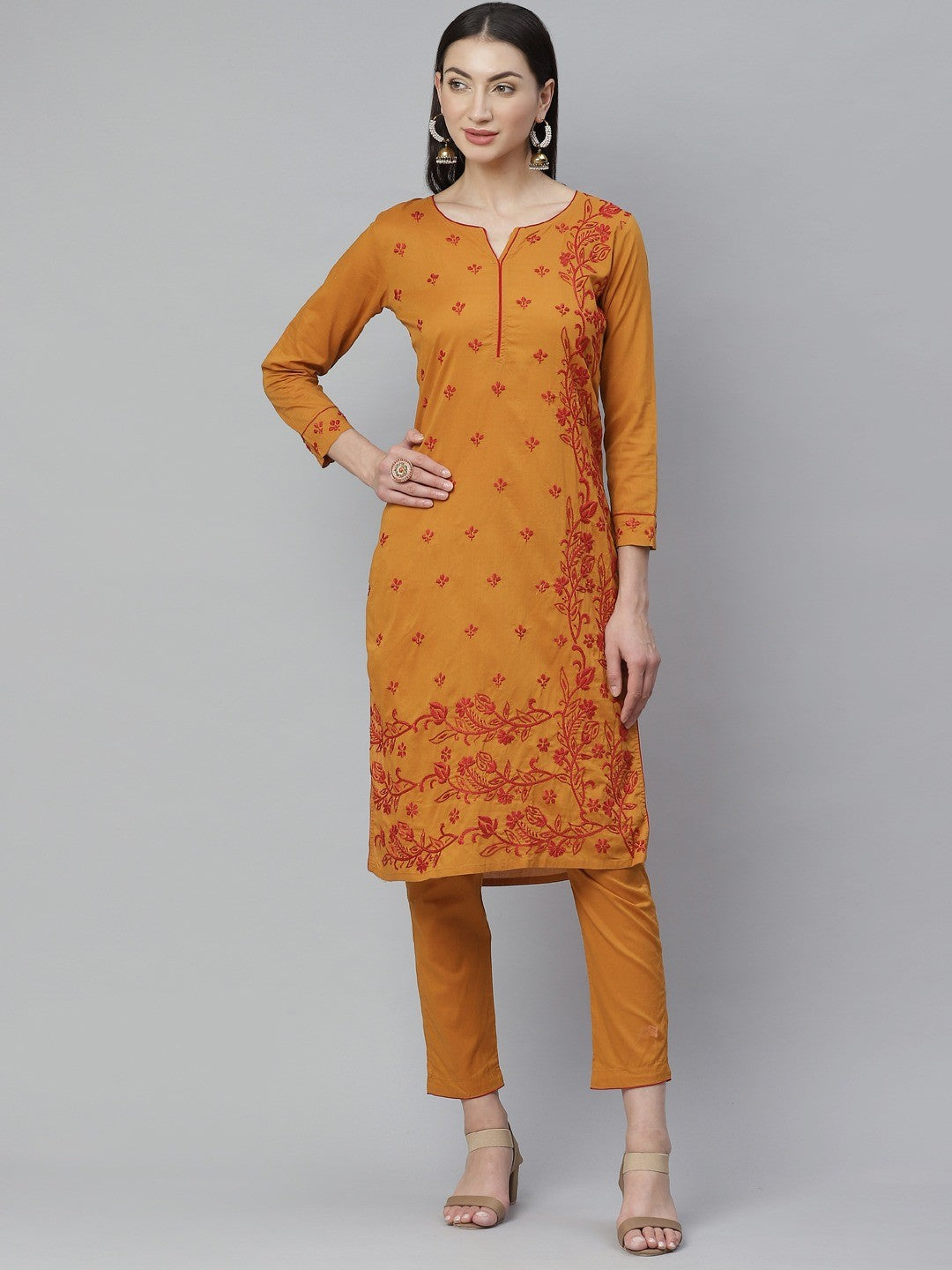 Ada Hand Embroidered Mustard Cotton Lucknowi Chikankari Straight Kurta With Trouser Set A811131