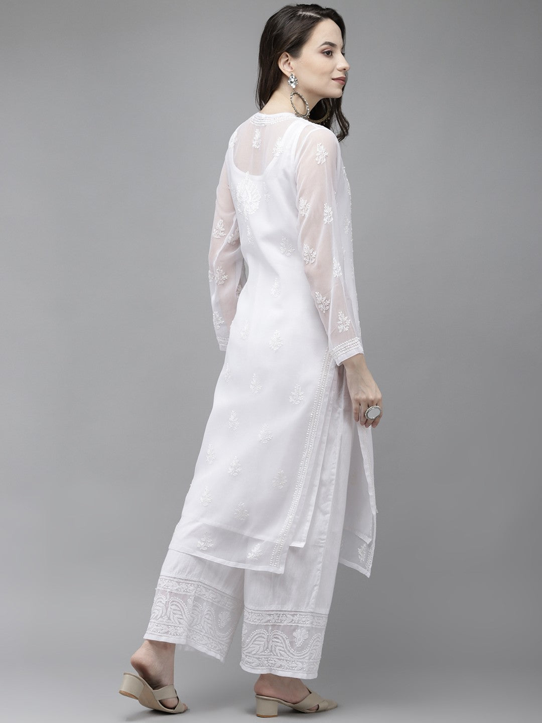 Ada Hand Embroidered White Georgette Lucknowi Chikankari Kurta Set with Slip A811206