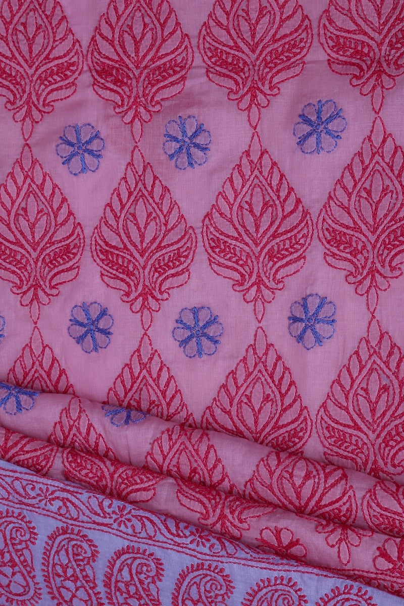Ada Hand Embroidered Mauve Cotton Chikan Unstitched Kurta Piece- A610245