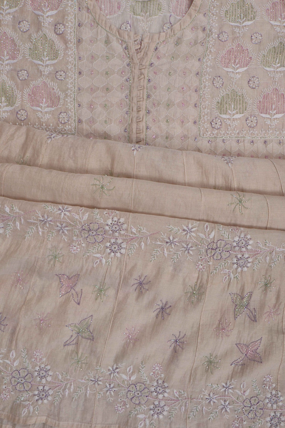 Ada Hand Embroidered Natural Fawn Tissue Lucknowi Chikankari Semi-Stitched Anarkali Kurta Dupatta Set With Cutdana Work 01A187880