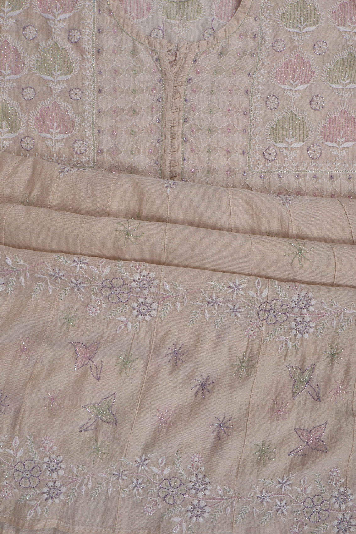 Ada Hand Embroidered Natural Fawn Tissue Lucknowi Chikankari Semi-Stitched Anarkali Kurta Dupatta Set With Cutdana Work 01A187880