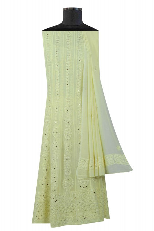 Ada Hand Embroidered Lemon Georgette Lucknowi Chikankari Semi-Stitched Anarkali Kurta Dupatta Set With Muqaish Work A607089