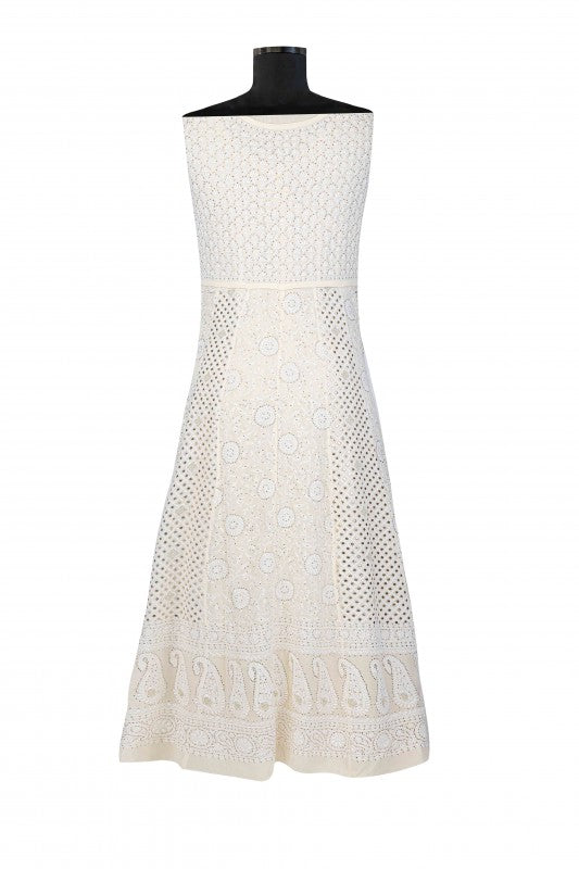Ada Hand Embroidered White Pure Georgette Semi Stitched Anarkali Kurta Dupatta Set with Muquaish Work A501767