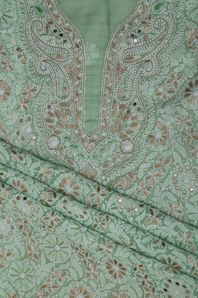 Ada Hand Embroidered Fern Green Faux Georgette Lucknowi Chikan Unstitched Kurta Dupatta Set with Gota Patti Work A465351