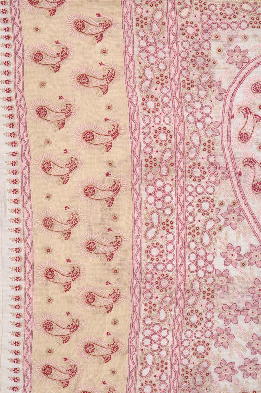 Ada Hand Embroidered Cream Chanderi Lucknowi Chikankari Saree With Blouse A70586