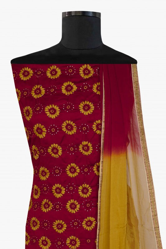 Ada Hand Embroidered Maroon Cotton Lucknowi Chikan Unstitched Suit Piece With Muqaish Work – A622615