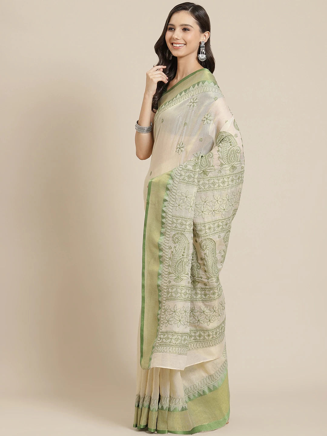 Ada Hand Embroidered Fawn Kota Lucknow Chikan Saree With Blouse-A311331