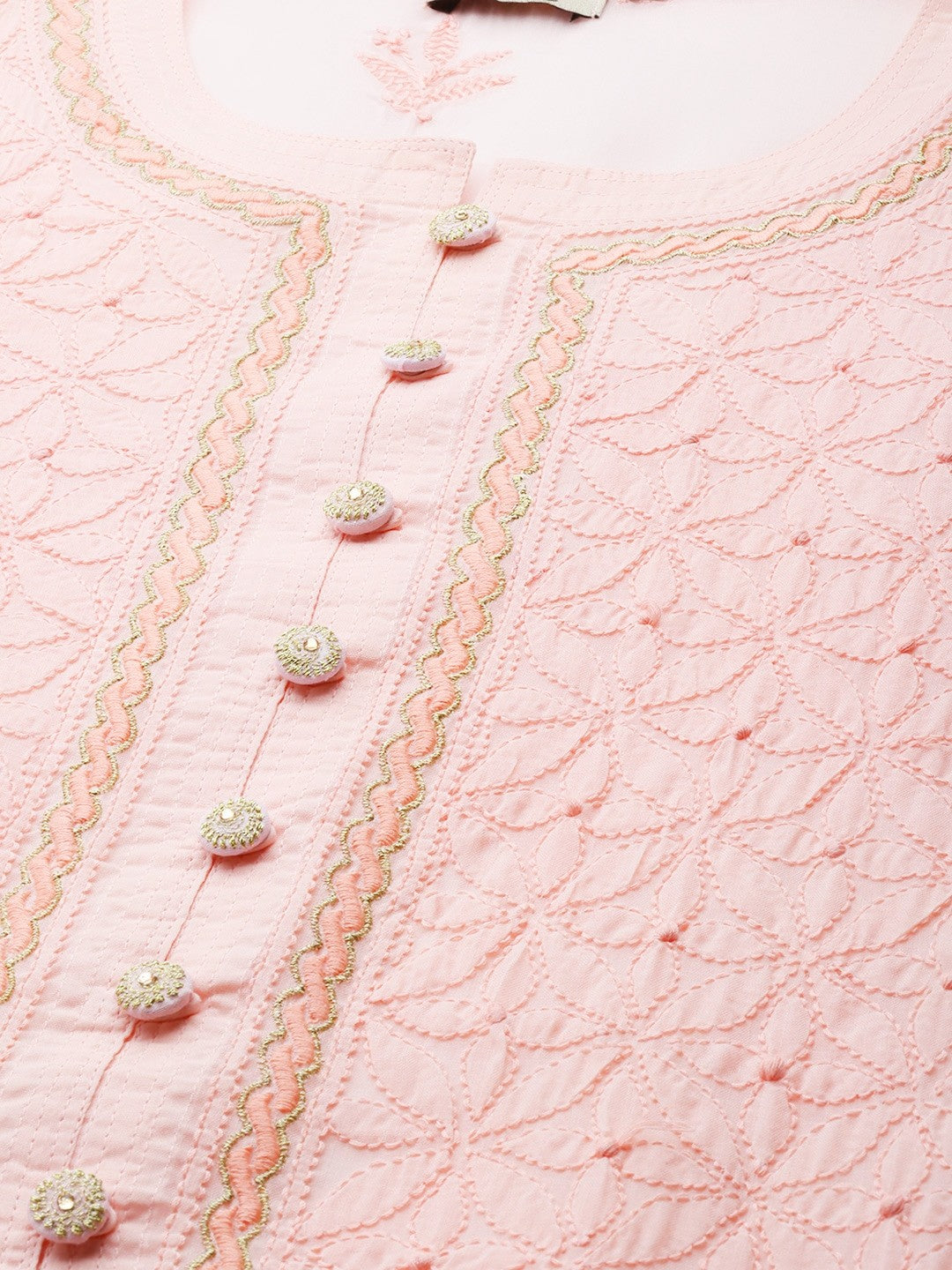 Ada Hand Embroidered Peach Cotton Lucknow Chikan Straight Kurta-A411249