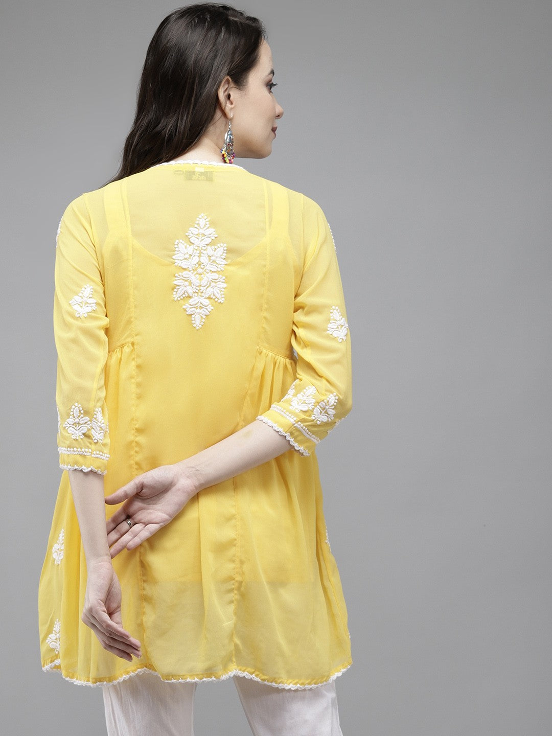 Ada Hand Embroidered Yellow Georgette Lucknowi Chikankari Flared Kurti With Slip A911145