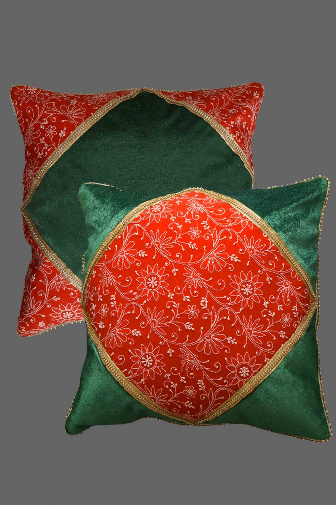 Ada Hand Embroidered Green/Red Pure Georgette Lucknowi Chikankari Cushion Cover Set Of 2 A333824