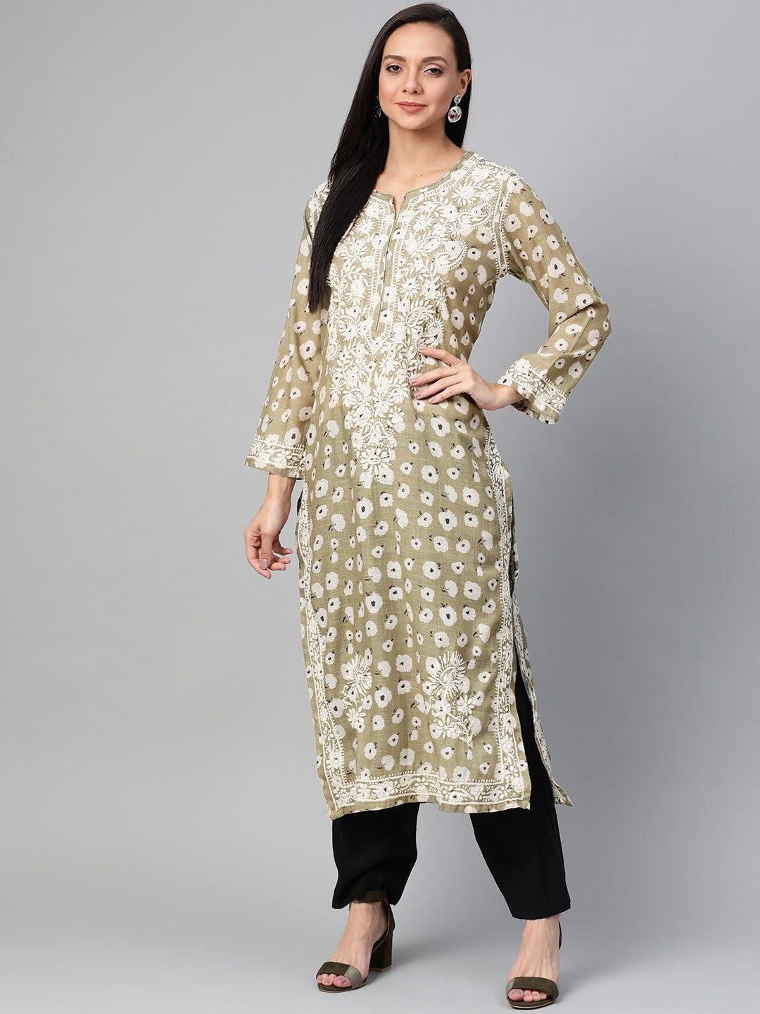 Ada Hand Embroidered Olive Green Cotton Lucknowi Chikankari Straight Kurta A100433