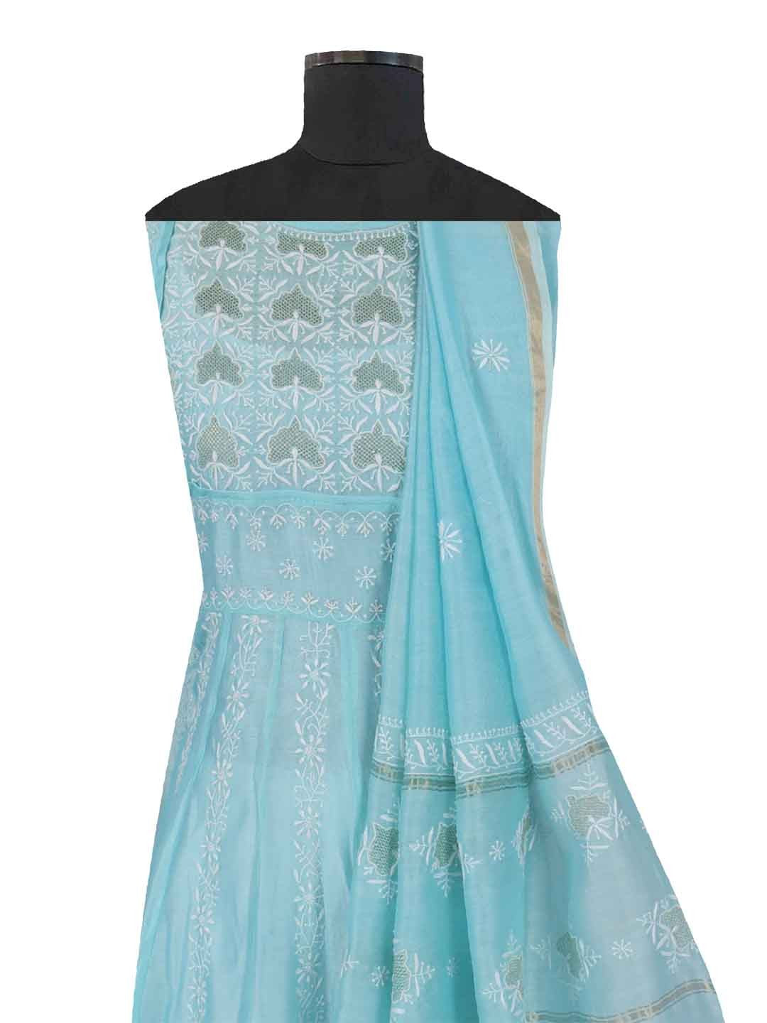 Ada Hand Embroidered Tame Teal Blue Chanderi Lucknowi Chikankari Semi-Stitched Anarkali Kurta Dupatta Set With Zari Work 01A205806