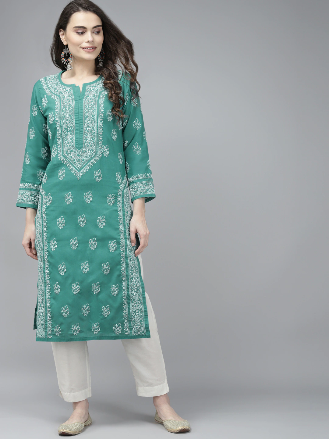 Ada Hand Embroidered Dark Green Cotton Lucknow Chikankari Kurta A411368