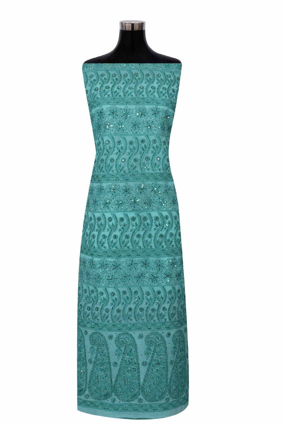 Ada Hand Embroidered Sea Green Cotton Lucknowi Chikan Unstitched Suit Piece With Pearl Work A51520