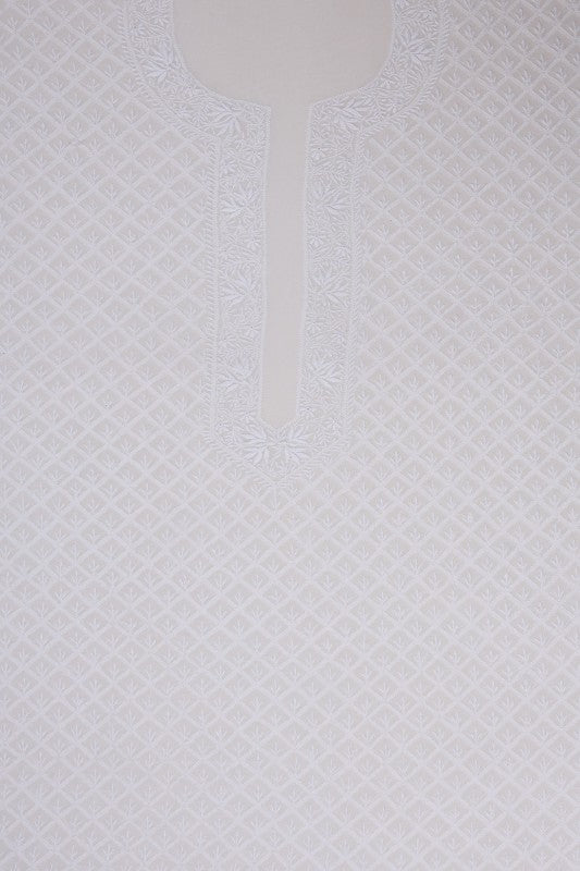 Ada Hand Embroidered White Pure Georgette Lucknowi Chikan Unstitched Men's Kurta Piece A595411