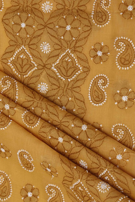 Ada Hand Embroidered Mustard Cotton Lucknowi Chikan Unstitched Suit Piece–A100173