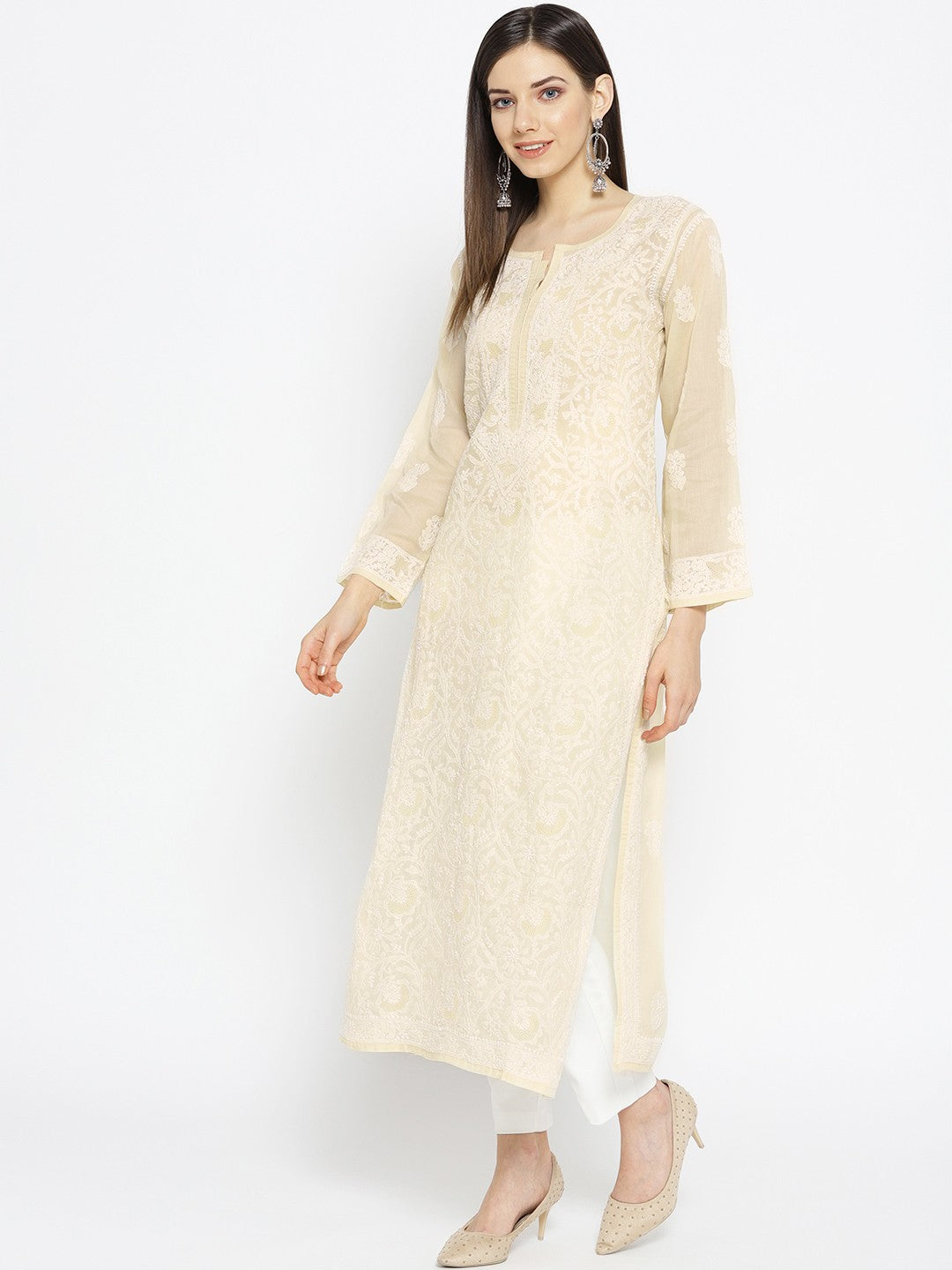Ada Hand Embroidered Fawn Cotton Lucknowi Chikankari Straight Kurta A100123