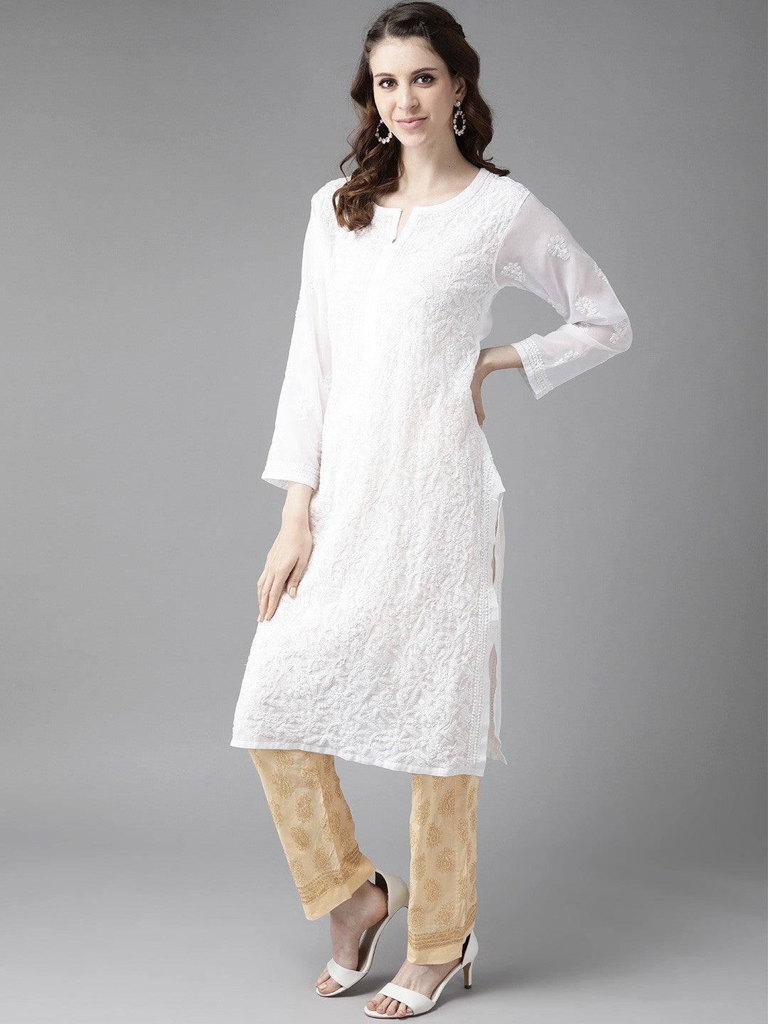 Ada Hand Embroidered White/Fawn Georgette Lucknowi Chikankari Kurta Set A811177