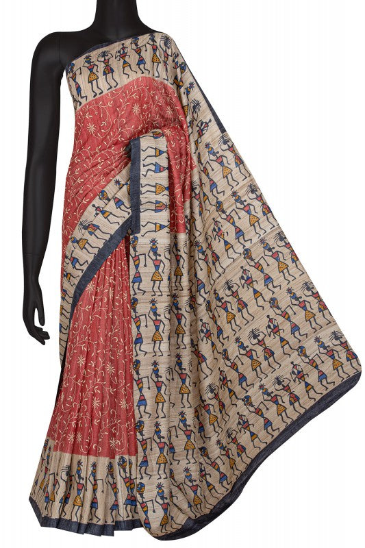 Ada Hand Embroidered Red Silk Lucknowi Chikankari Saree With Blouse A603872