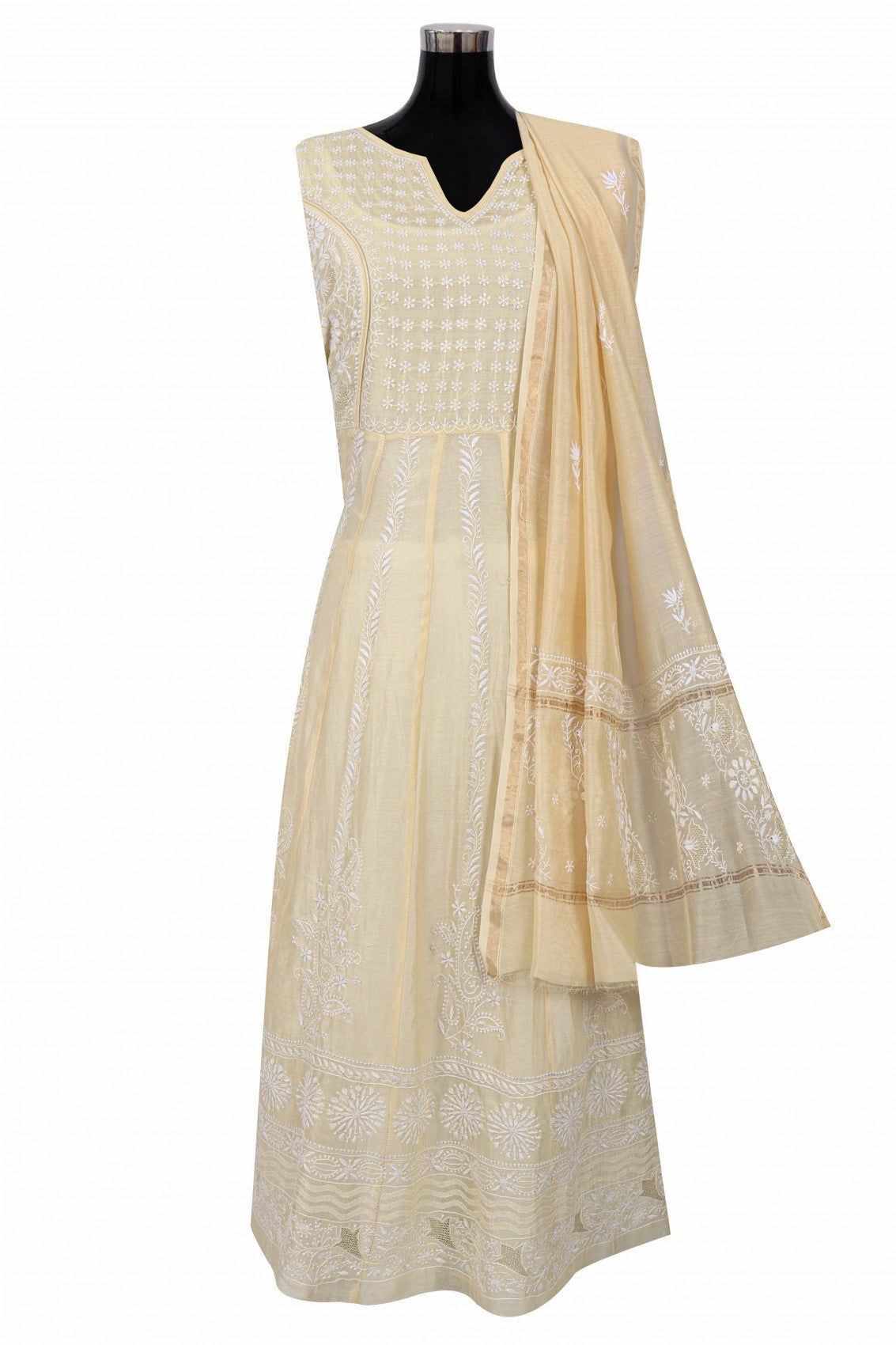 Ada Hand Embroidered Fawn Chanderi Lucknowi Chikankari Semi-Stitched Anarkali Kurta Dupatta Set 01A205808
