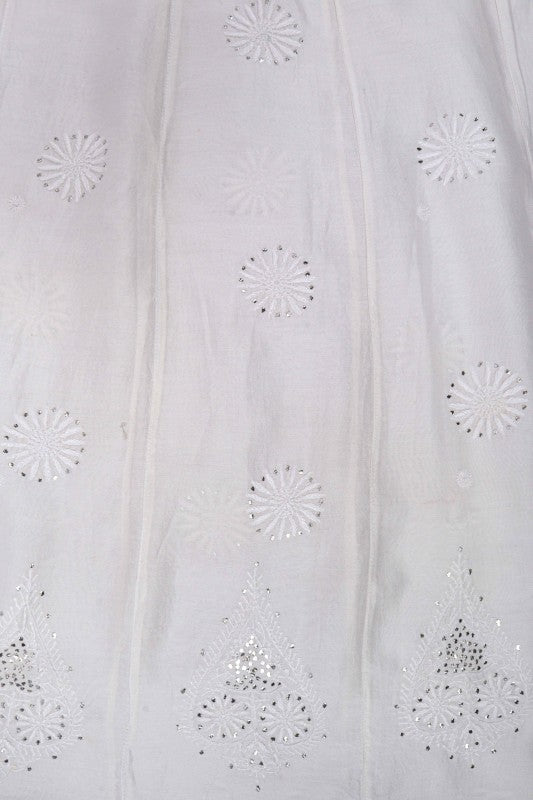 Ada Hand Embroidered White Chanderi Lucknowi Chikankari Semi-Stitched Anarkali Kurta Piece With Muqaish Work A609248