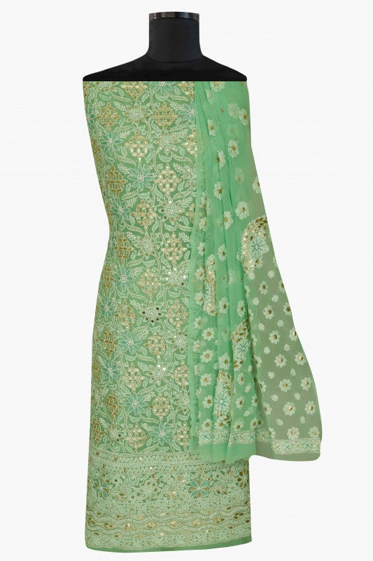 Ada Hand Embroidered Green Georgette Chikan Unstitched Kurta Dupatta Set with Gota Patti Work A406292