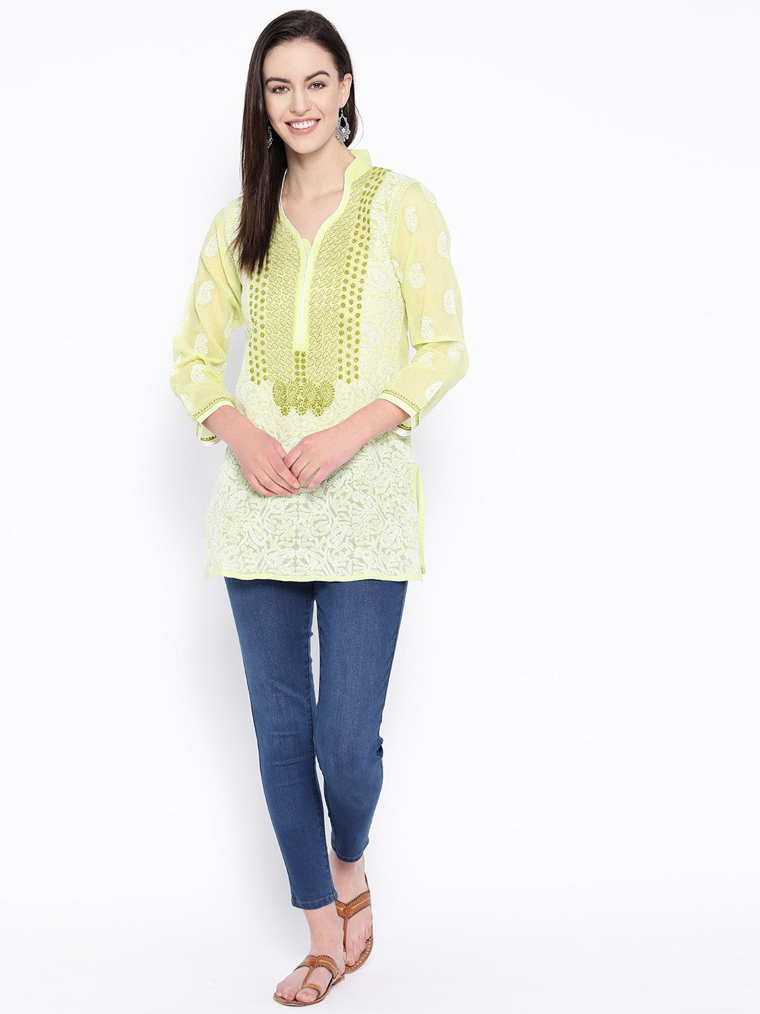Ada Hand Embroidered Green Cotton Lucknow Chikan Top– A100229