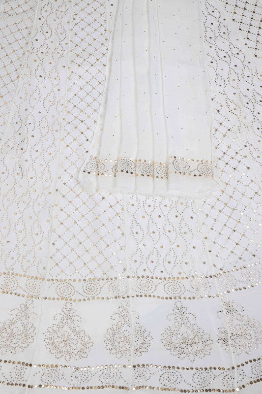Ada Hand Embroidered White Pure Georgette Unstitched Anarkali Kurta Dupatta With Muqaish Work–A614564
