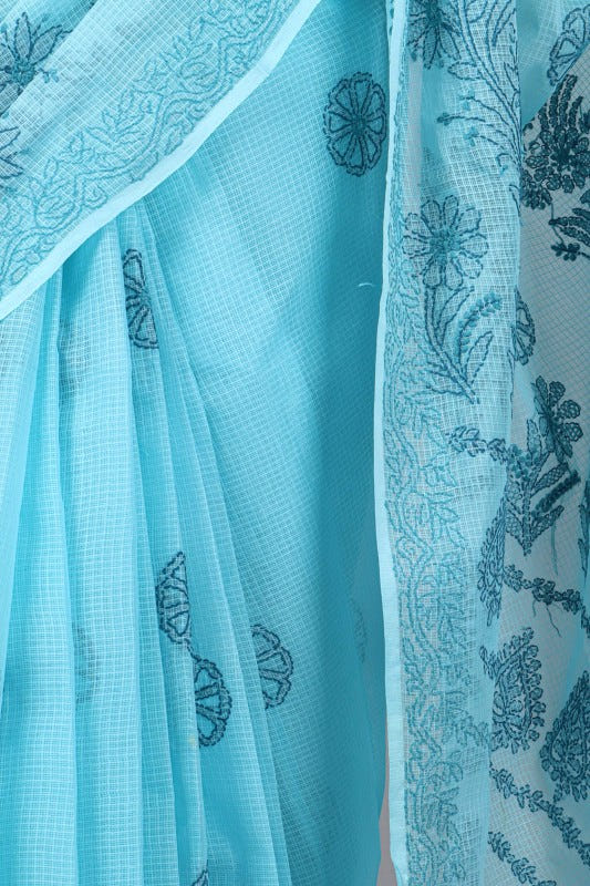 Ada Hand Embroidered Blue Kota Lucknowi Chikankari Saree With Blouse A607032