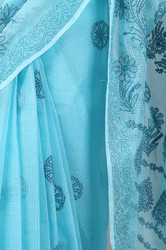 Ada Hand Embroidered Blue Kota Lucknowi Chikankari Saree With Blouse A607032