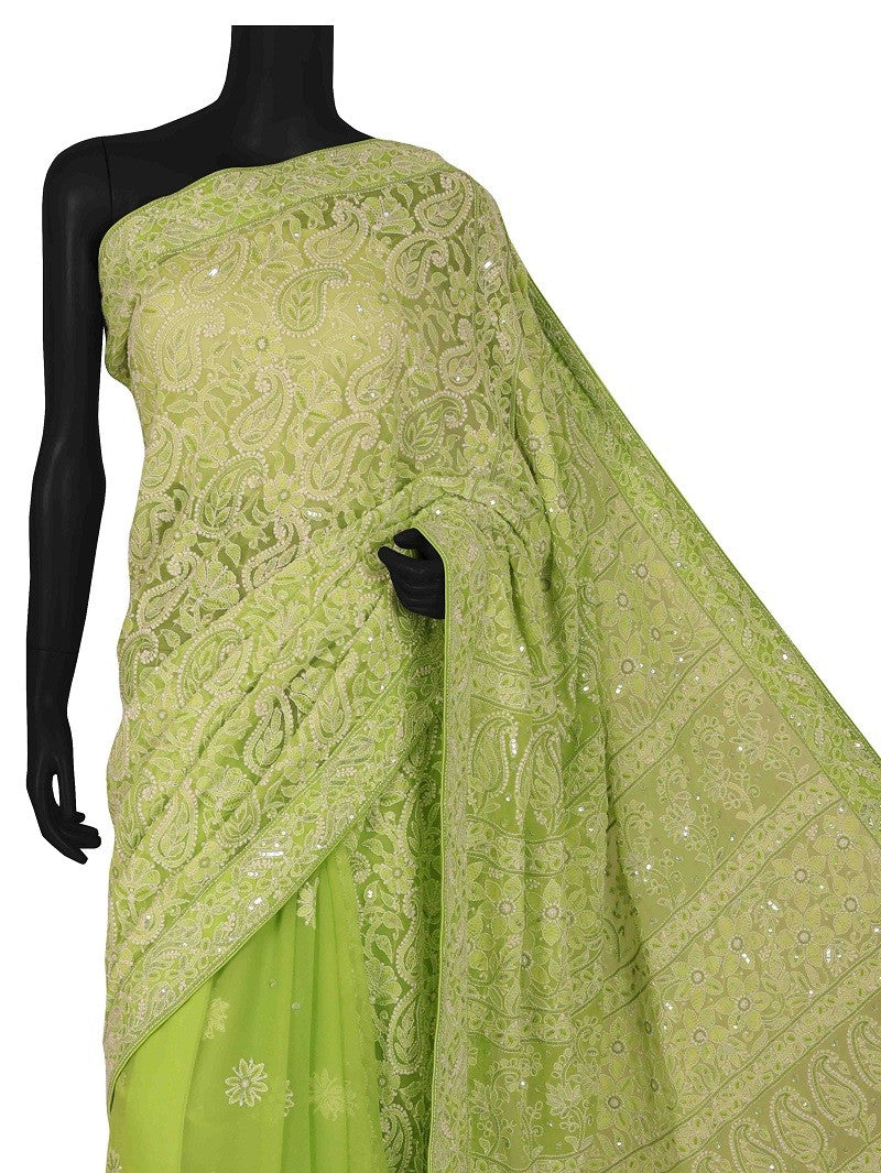 Ada Hand Embroidered Green Georgette Lucknowi Chikankari Saree/Blouse with Sequinned Work A600501