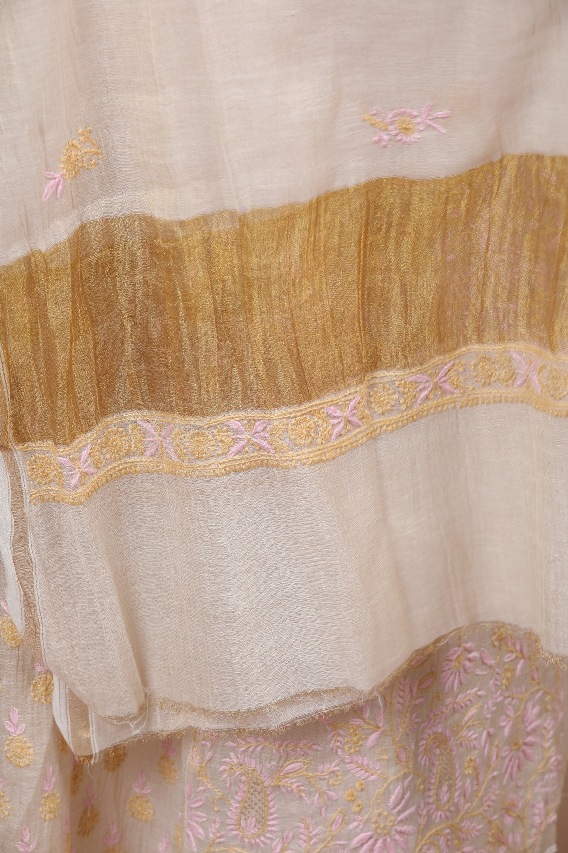 Ada Hand Embroidered Fawn Tissue Lucknowi Chikankari Semi-stitched Kurta Dupatta Set 01A224153